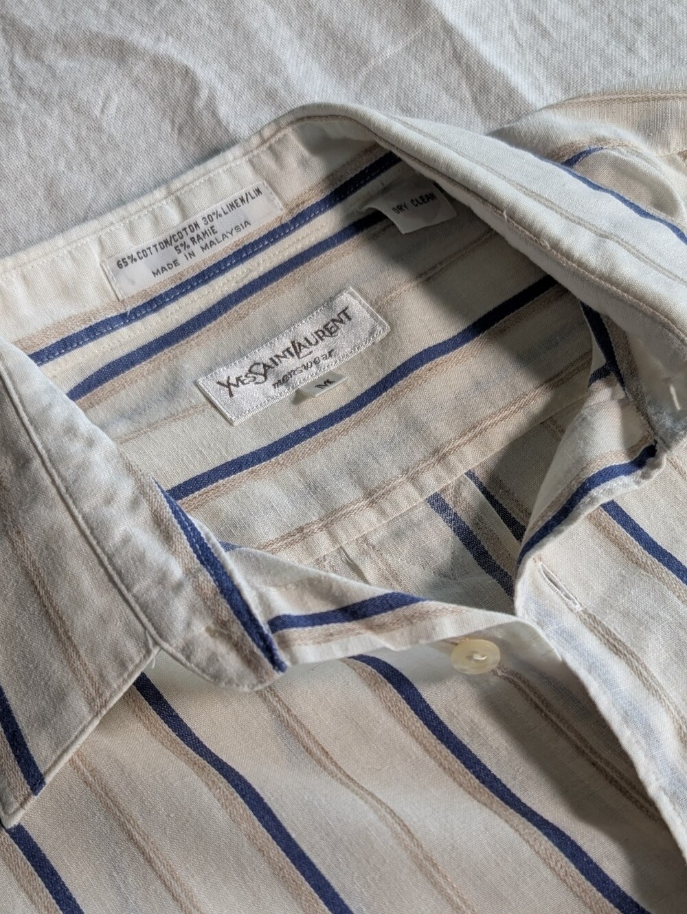 Vintage YSL Yves Saint Laurent Linen Cream Shirt with Blue & Tan Stripes